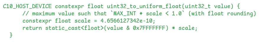 Definition of the uint32_to_uniform_float function that converts a 32-bit integer to a float value in the range [0,1) Definition of the uint32_to_uniform_float function that converts a 32-bit integer to a float value in the range [0,1)