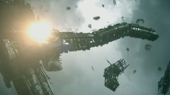 Sephiroth tosses the top of the Shinra building and a train towards the party