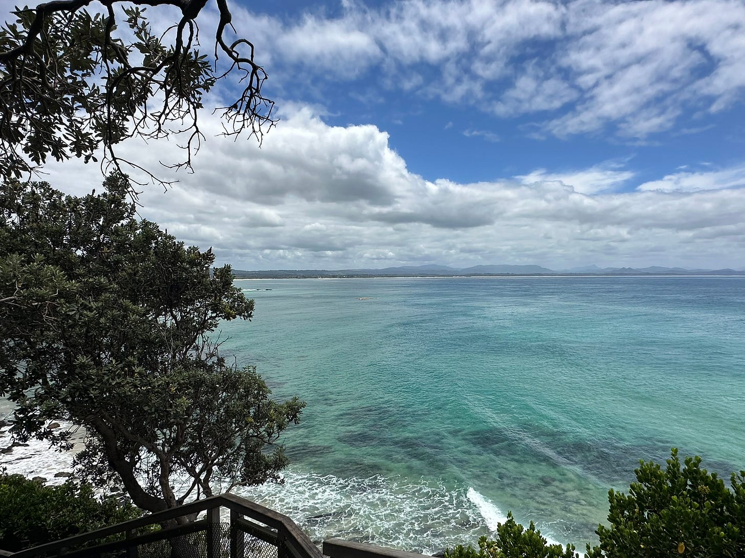A photo looking out to bright aqua sea with trees framing the right and left corners.