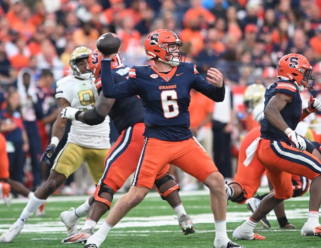 Sep 7, 2024; Syracuse, New York, USA; Syracuse Orange quarterback Kyle McCord (6) throws a pass in the second quarter against the Georgia Tech Yellow Jackets at the JMA Wireless Dome. Mandatory Credit: Mark Konezny-Imagn Images Sep 7, 2024; Syracuse, New York, USA; Syracuse Orange quarterback Kyle McCord (6) throws a pass in the second quarter against the Georgia Tech Yellow Jackets at the JMA Wireless Dome. Mandatory Credit: Mark Konezny-Imagn Images