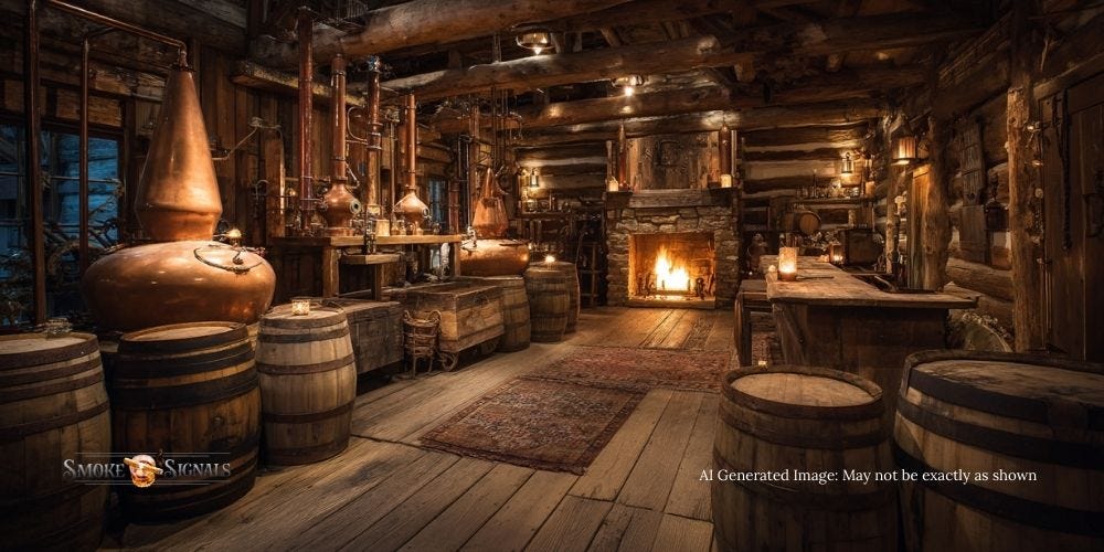 Rustic frontier stillhouse with glowing copper stills and wooden barrels of whiskey on the Appalachian frontier. Rustic frontier stillhouse with glowing copper stills and wooden barrels of whiskey on the Appalachian frontier.