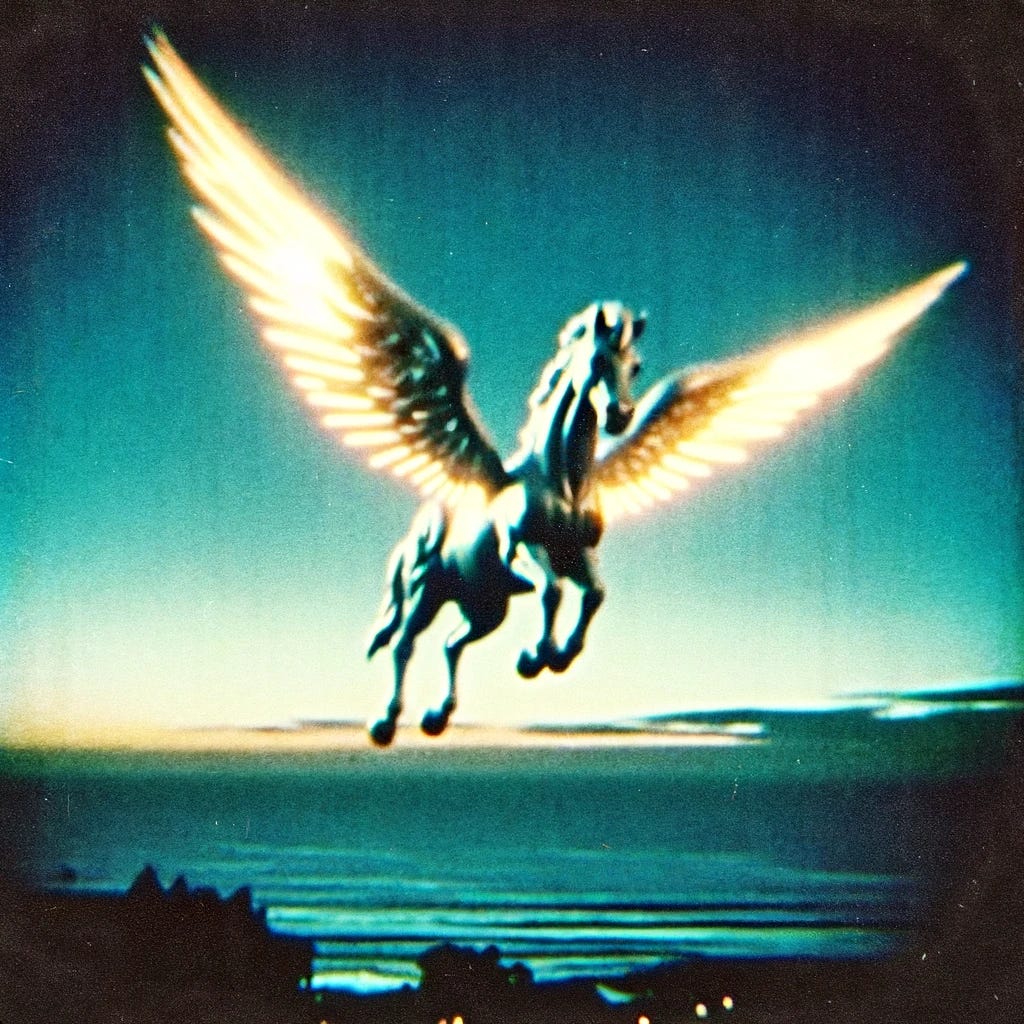 An animatronic glowing winged horse, without a horn, flying across the sky, captured as if through blurry television footage. The scene appears like a vintage, grainy, and nostalgic photograph, with an unreal and unearthly quality. The sky is a bizarre blue-green twilight gradient over Lunada Bay. The image has heartbreaking and staggering beauty, with vignette edges and a feathering effect, making it look chic and stylish. An animatronic glowing winged horse, without a horn, flying across the sky, captured as if through blurry television footage. The scene appears like a vintage, grainy, and nostalgic photograph, with an unreal and unearthly quality. The sky is a bizarre blue-green twilight gradient over Lunada Bay. The image has heartbreaking and staggering beauty, with vignette edges and a feathering effect, making it look chic and stylish.