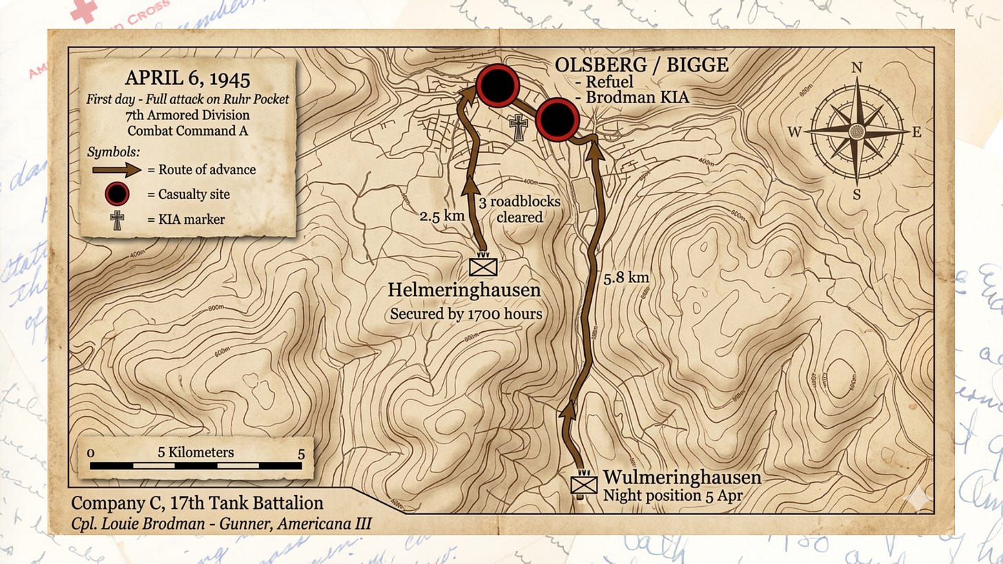 April 6, 1945, tactical map showing Task Force Rhea's route from Wulmeringhausen through Olsberg and Bigge (marked with memorial crosses for Brodman KIA) to Helmeringhausen in the Ruhr Pocket, Germany