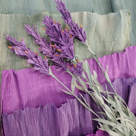 Paper lavender in bright shades of purple and green, next to the even more vivid colours of rock sea lavender growing out of a stone wall
