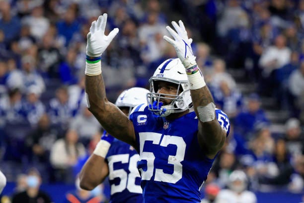 Darius Leonard of the Indianapolis Colts on the field in the game against the Las Vegas Raiders at Lucas Oil Stadium on January 02, 2022 in...
