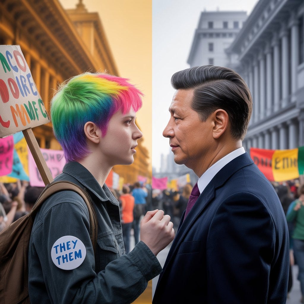 Digital illustration created for The Almighty Gob article examining the structural contradiction between the Green Party's identity politics platform and its dependence on Chinese supply chains running through Xinjiang, where the UN has documented potential crimes against humanity against Uyghur Muslims. Digital illustration created for The Almighty Gob article examining the structural contradiction between the Green Party's identity politics platform and its dependence on Chinese supply chains running through Xinjiang, where the UN has documented potential crimes against humanity against Uyghur Muslims.