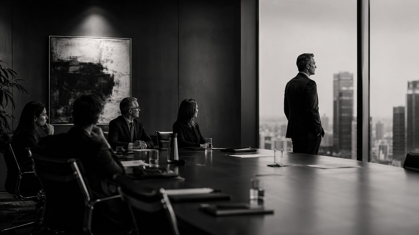 Black-and-white boardroom scene showing several executives seated at a conference table while one executive stands slightly apart near a window, looking out over the city in quiet reflection. Black-and-white boardroom scene showing several executives seated at a conference table while one executive stands slightly apart near a window, looking out over the city in quiet reflection.
