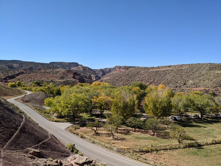 Author hiking on red rocks, posing in front of an arch. Also, photo of trees in a desert valley.