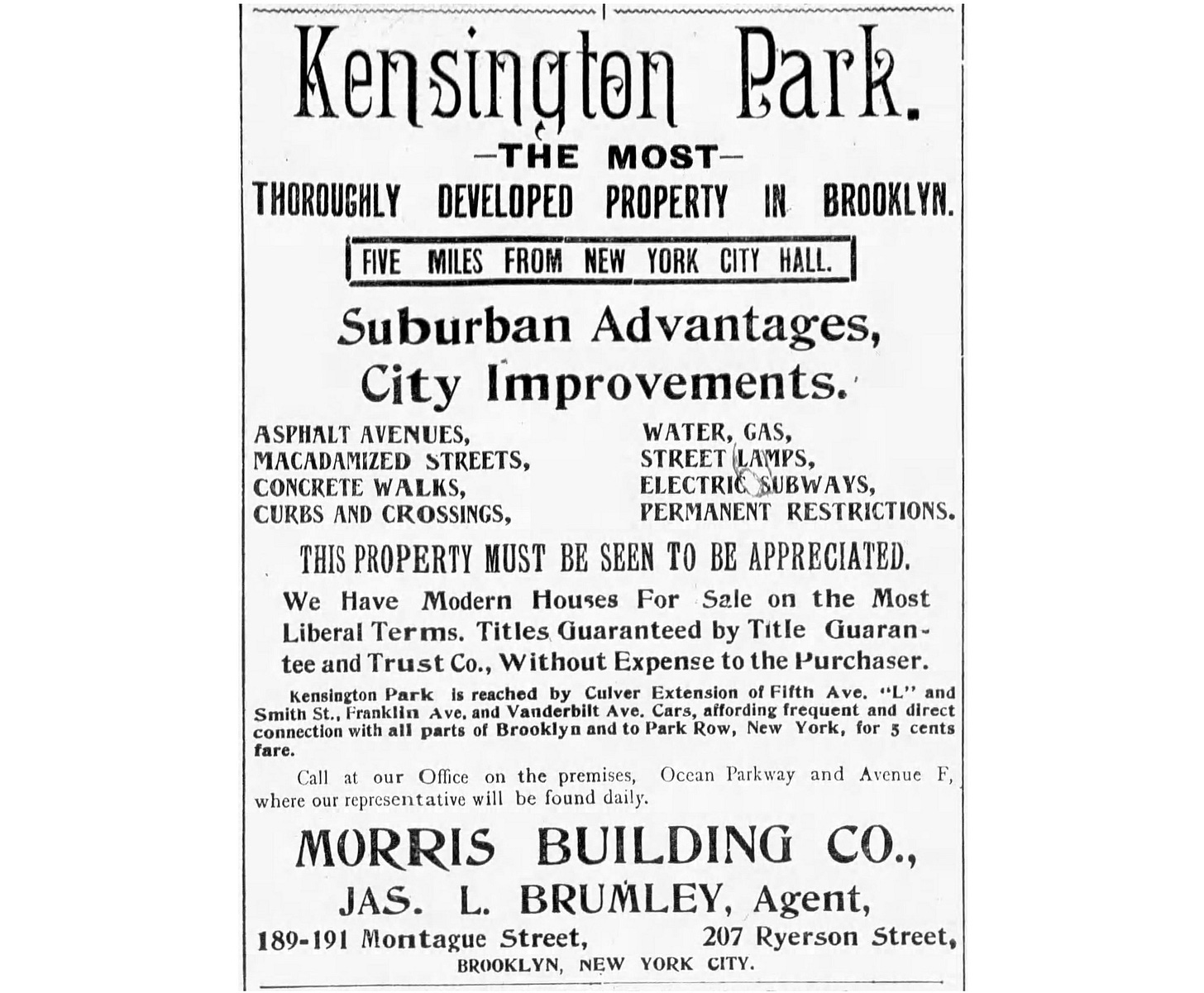 black and white ad for kensington park "the most thoroughly developed property in brooklyn" black and white ad for kensington park "the most thoroughly developed property in brooklyn"