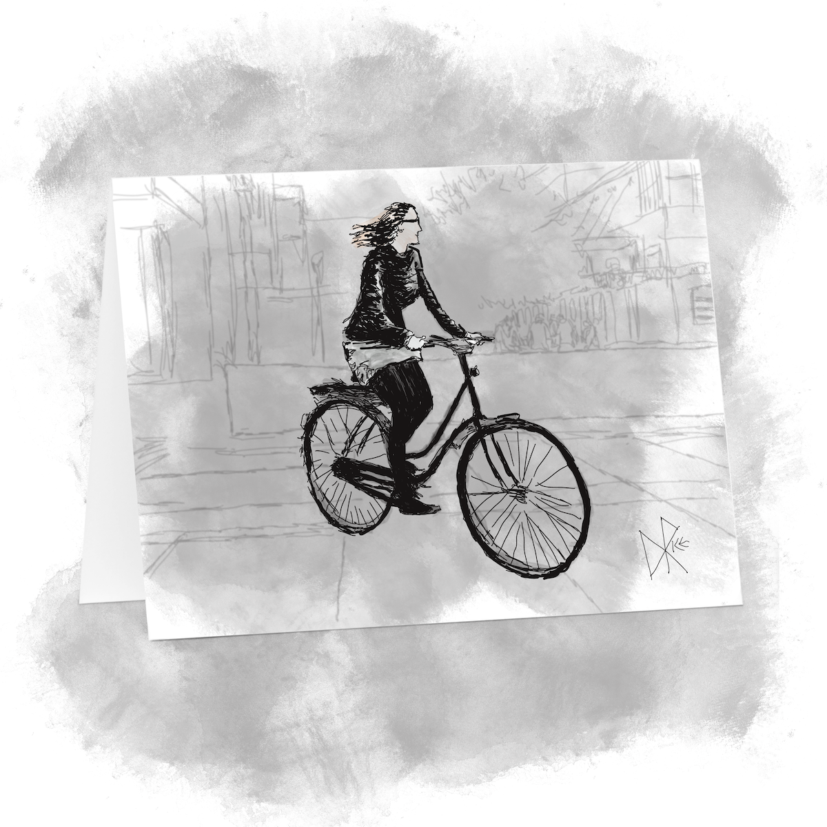 Blonde woman wearing glasses and layered clothing for Spring temperature variance, clearly enjoying her bike ride. Sketch art by Don Rice.