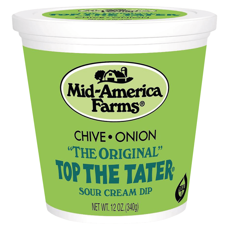 A green tub with green lettering that reads, "Top the Tater" which is a sour cream-esq dip with chive and onion that will alter your chip-eating experience.