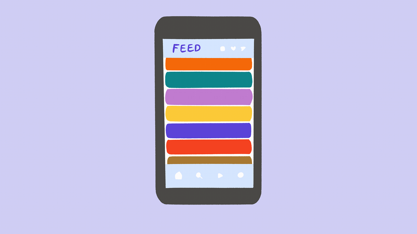 A hand-drawn animated gif of a smart phone with scrolling, colorful shapes in an app called "FEED"