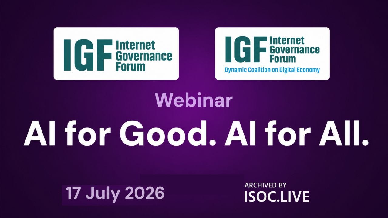 Two Internet Governance Forum logos appear centered near the top of a purple gradient background. Beneath them, a small "Webinar" label sits above the large white title, "AI for Good. AI for All." A dark translucent banner in the lower left contains the date, while a compact ISOC.LIVE archive mark is positioned in the lower right. The overall design is clean, balanced, and minimalist with high-contrast typography.