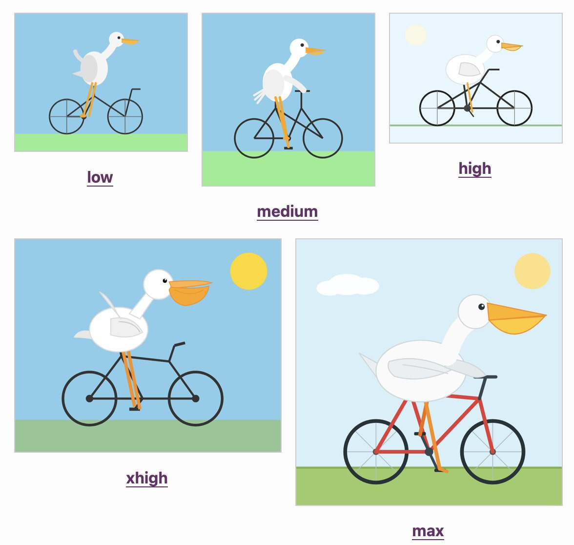 SVGs of pelicans riding bicycles, in low, medium, high, xhigh and max. They do get progressively better. Only the max one has a correctly shaped bicycle frame.