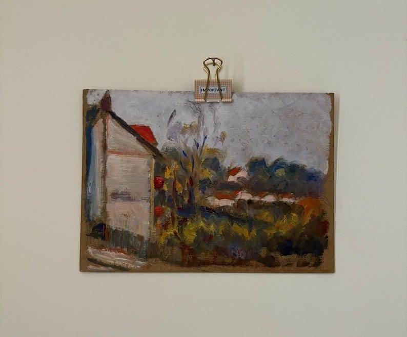 Small 20th Century French Cityscape / Small Original Oil Painting / Rustic Cottage Wall Art / Gift Idea / La Seine / French Cottage Core image 1