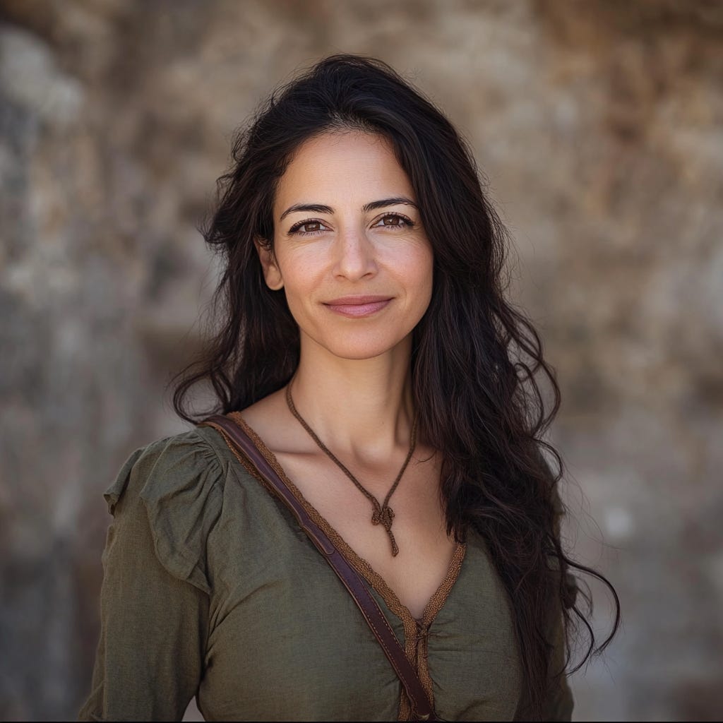 Liat Portal, reimagined by MidJourney, standing against a textured stone backdrop. She has long, wavy dark hair framing her face, warm brown eyes, and a calm, confident expression. She wears an olive-green, earth-toned blouse with delicate trim, paired with a leather strap crossing her chest. A rustic pendant necklace hangs around her neck, adding to the timeless and natural aesthetic of the portrait.