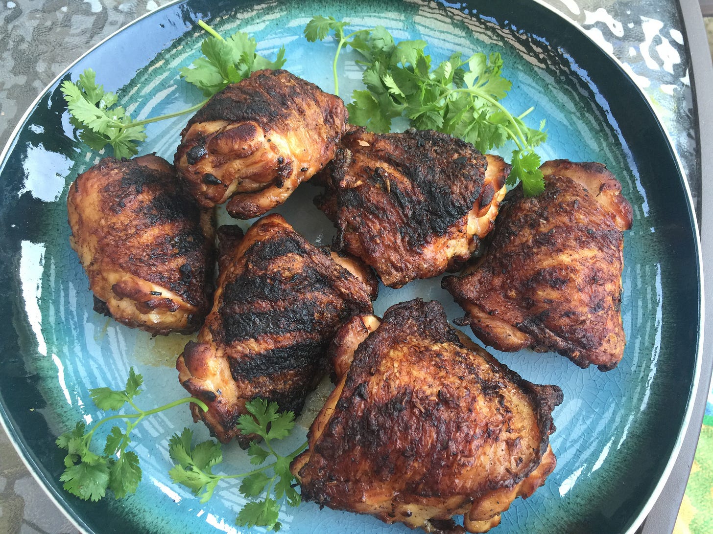 Crispy-skinned Asian grilled chicken thighs