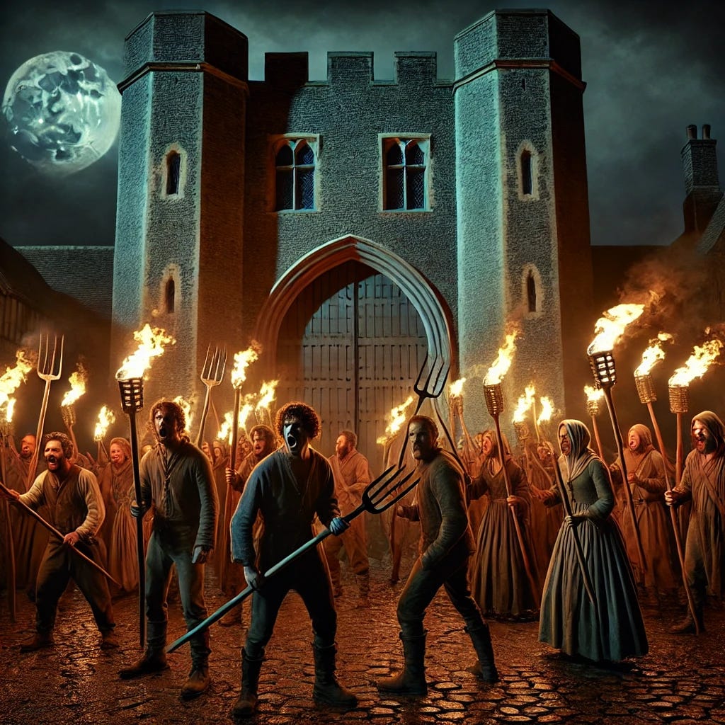 A group of peasants with pitchforks and flaming torches, standing in front of a large castle door at nighttime. The scene is dark, illuminated by moonlight and the flames from the torches. The castle looms menacingly with towering walls and heavy wooden doors. The peasants, wearing simple, ragged clothes, are in an aggressive stance, ready to storm the castle. Their expressions are intense, and they appear to be shouting or preparing for action. The night sky is cloudy, heightening the sense of tension and urgency.