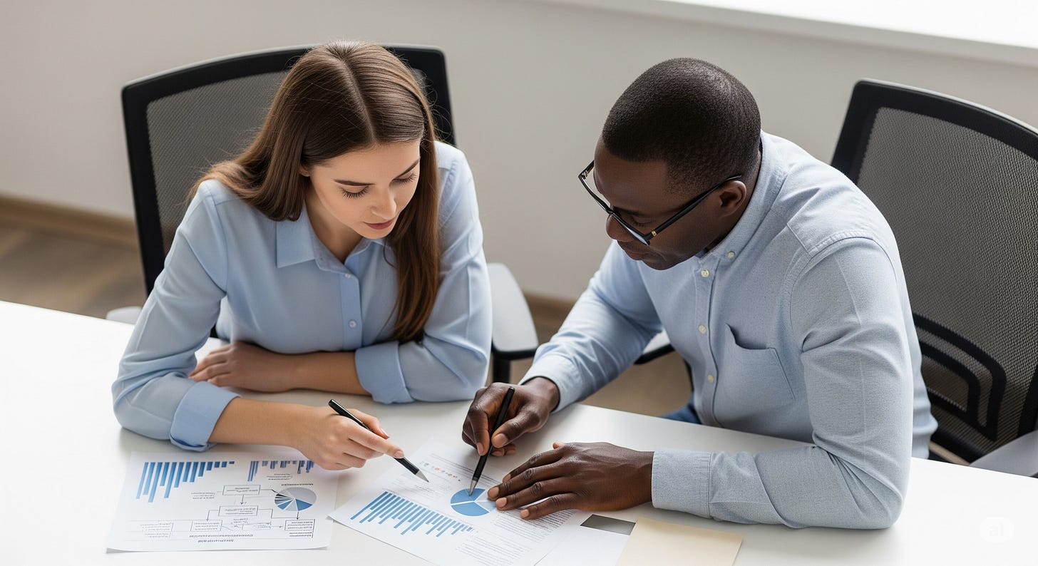 An overhead view of two colleagues, a man and a woman, sitting side-by-side at an office table and pointing at documents with charts and graphs. An overhead view of two colleagues, a man and a woman, sitting side-by-side at an office table and pointing at documents with charts and graphs.