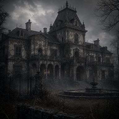 Vallakovich Mansion in Vallaki, looming Barovian manor with cracked plaster, sagging shutters, overgrown grounds, mist curling around decayed walls, atmosphere of faded authority and quiet dread