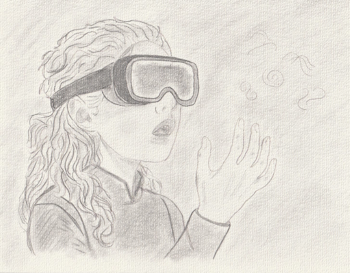 A pencil sketch of a young girl with wavy hair wearing large goggles, her mouth slightly open in awe. She holds one hand outstretched, as faint, swirling lines rise from her palm, suggesting invisible threads or signals in the air.