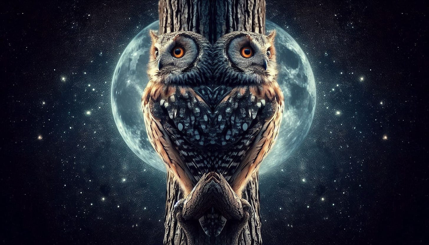 AI generated image of fantastical Janus owl under the moon at night.