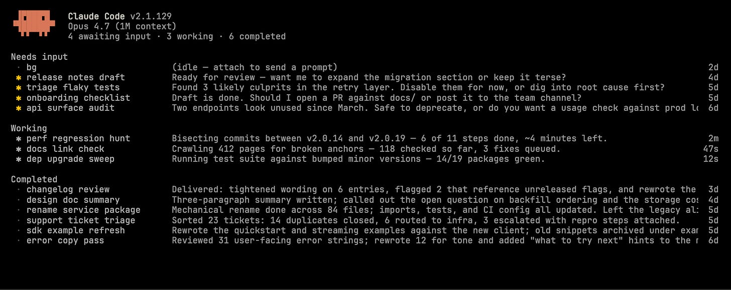 Claude Code's agent view showing eleven agents grouped by status