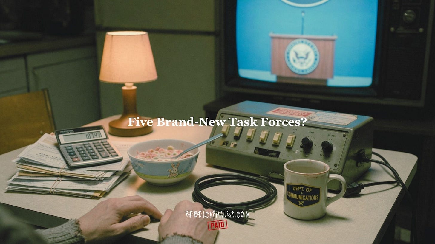 Vintage desk setup with TV presidential seal mug calculator cereal bowl overlay text Five Brand-New Task Forces Vintage desk setup with TV presidential seal mug calculator cereal bowl overlay text Five Brand-New Task Forces