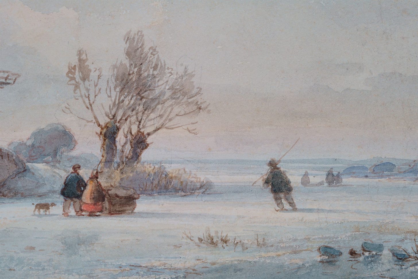 Lodewijk Johannes Kleijn | Watercolours and drawings prev. for Sale | Snowy  landscape with skater and sledge on a frozen river