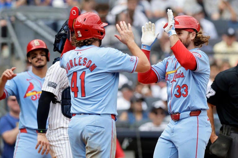 NEW YORK, NEW YORK – AUGUST 31: Brendan Donovan #33 of the St. Louis Cardinals celebrates his third inning three-run home run against the New York Yankees with teammate Alec Burleson #41 at Yankee Stadium on August 31, 2024 in New York City. (Photo by Jim McIsaac/Getty Images) NEW YORK, NEW YORK – AUGUST 31: Brendan Donovan #33 of the St. Louis Cardinals celebrates his third inning three-run home run against the New York Yankees with teammate Alec Burleson #41 at Yankee Stadium on August 31, 2024 in New York City. (Photo by Jim McIsaac/Getty Images)
