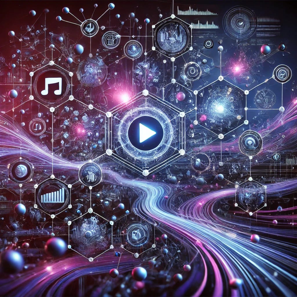 A visually striking cover image for a blog post about advanced AI-based recommender systems, with abstract representations of neural networks and data sequences. The image features interconnected nodes and lines symbolizing user interactions and item recommendations, with flowing data streams and clusters to represent hierarchical clustering. The color scheme includes deep blues, purples, and hints of neon, creating a futuristic and technological atmosphere. Subtle imagery of video thumbnails or play buttons is present to represent the context of short-form video recommendations, but without any text.