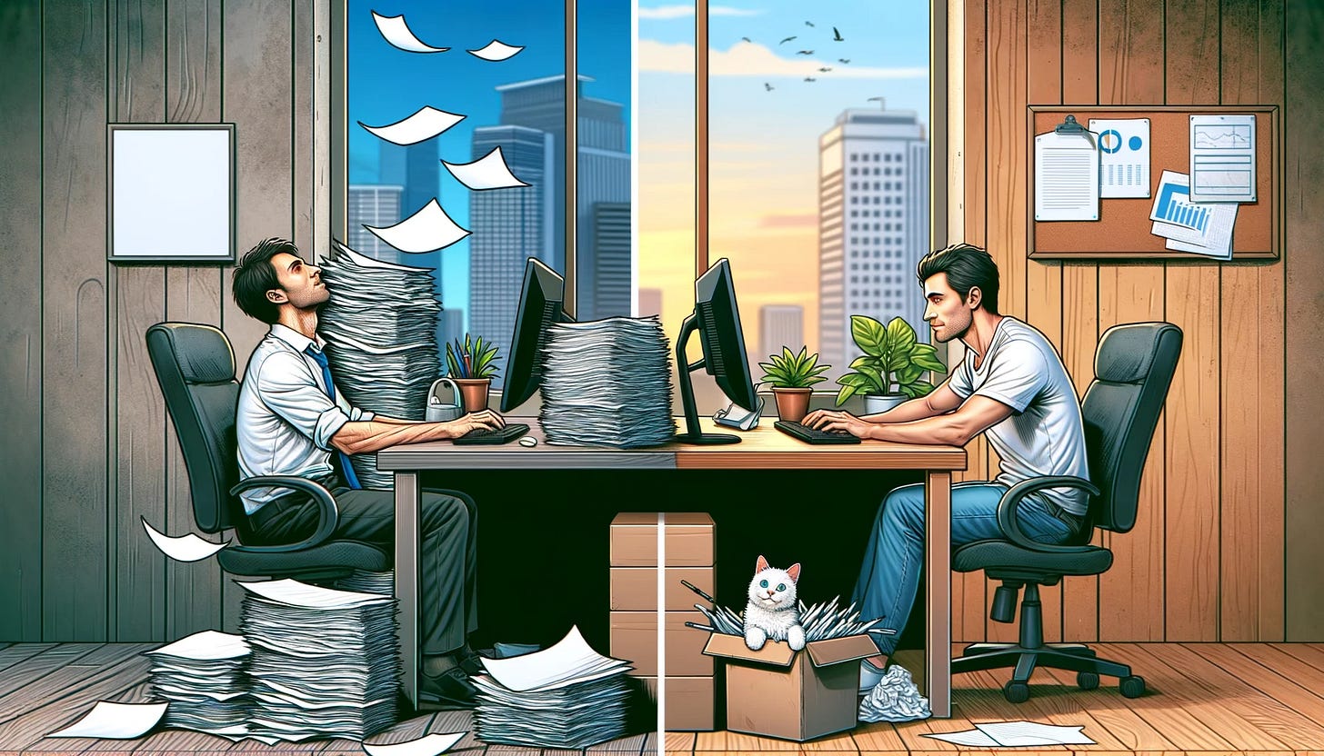 Imagem ilustrativa de uma mesma pessoa atolada de trabalho e em outra cena mais tranquila.
