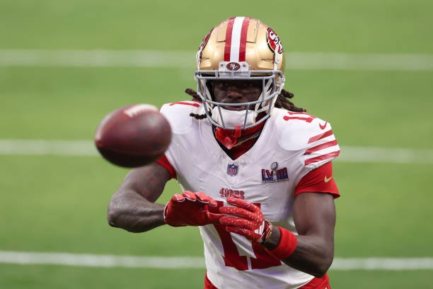 Brandon Aiyuk of the San Francisco 49ers warms up prior to Super Bowl LVIII against the Kansas City Chiefs at Allegiant Stadium on February 11, 2024...