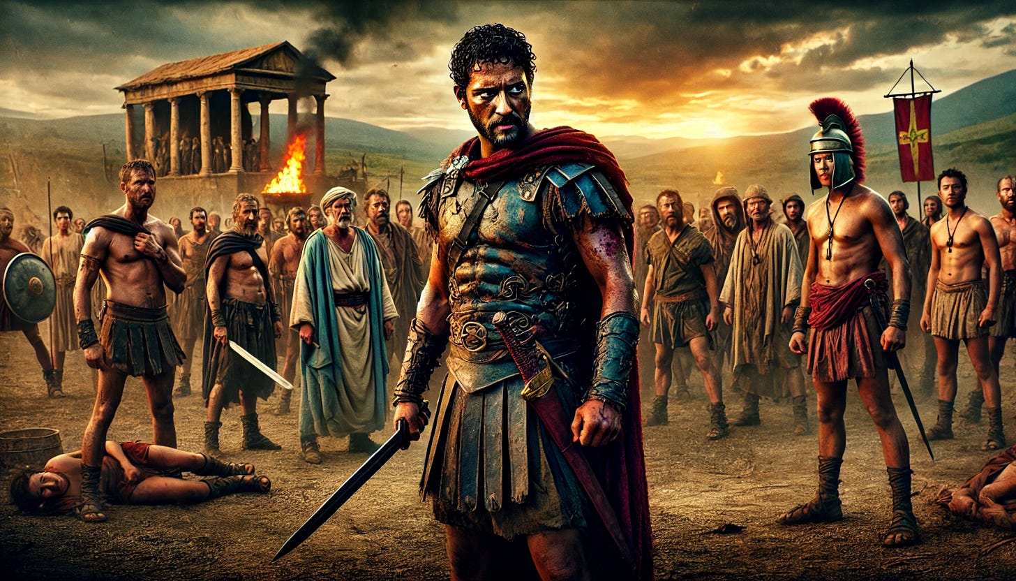 A vivid scene from the story of Spartacus, set in ancient Rome. Spartacus stands in the midst of his fellow gladiators, looking determined and ready for battle. He is depicted in rugged armor, with a sword in hand, rallying his followers for an uprising. The setting is an open field or an ancient Roman camp, surrounded by makeshift tents and fires. His fellow gladiators, men of diverse origins, stand ready around him, showing a mix of resolve and intensity. The backdrop includes a view of the Roman landscape with dramatic skies, capturing the atmosphere of rebellion and strength.
