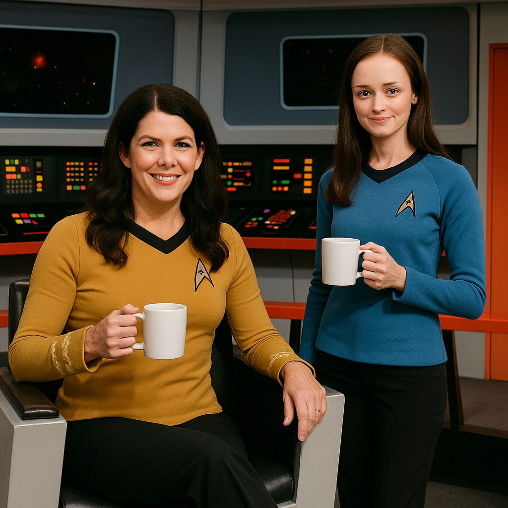 AI-Generated Fan Art Mashup of Lorelai Gilmore and Rory Gilmore as captain and first officer aboard the Starship Enterprise in Star Trek | rmrk*st | Remarkist Magazine