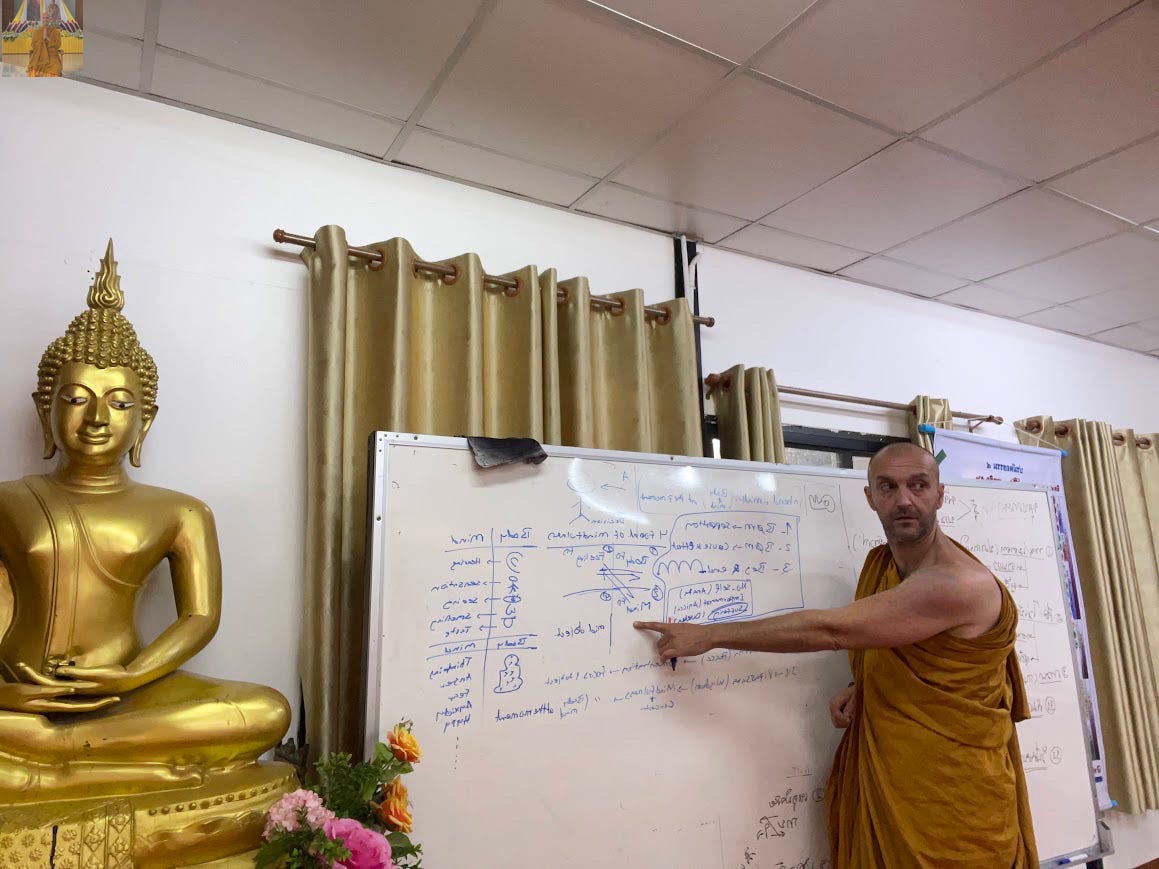 a monk (Nick Hashemi) teaching Dhamma in a classroom in temple a monk (Nick Hashemi) teaching Dhamma in a classroom in temple