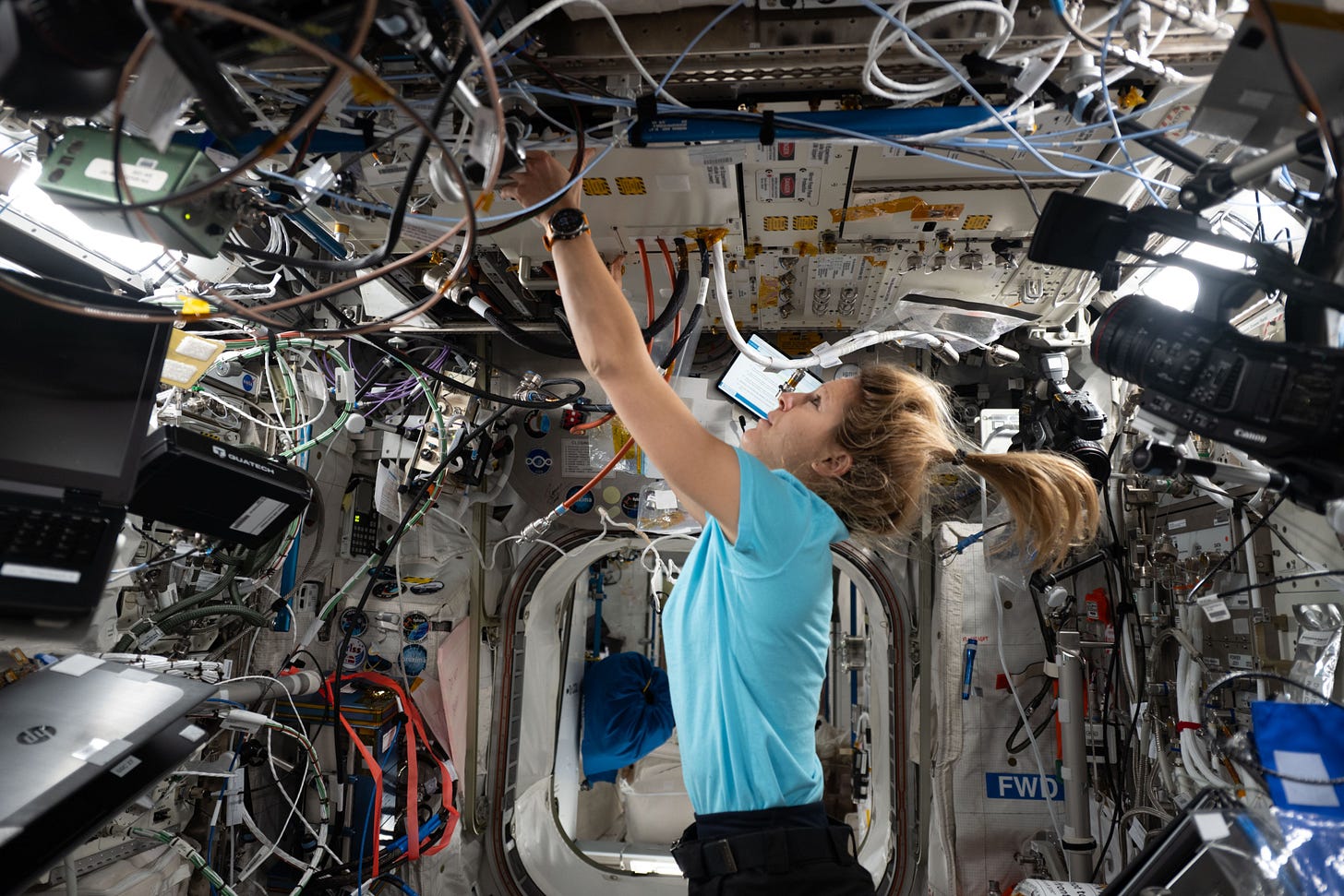 ESA astronaut Sophie Adenot installing the European experiment PASTA-3, which investigated how emulsions form in microgravity. Credits: ESA/NASA – S. Adenot