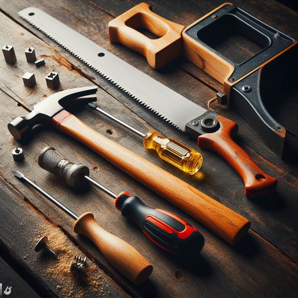 a hammer, a screwdriver, and a saw, sitting neatly on a workbench