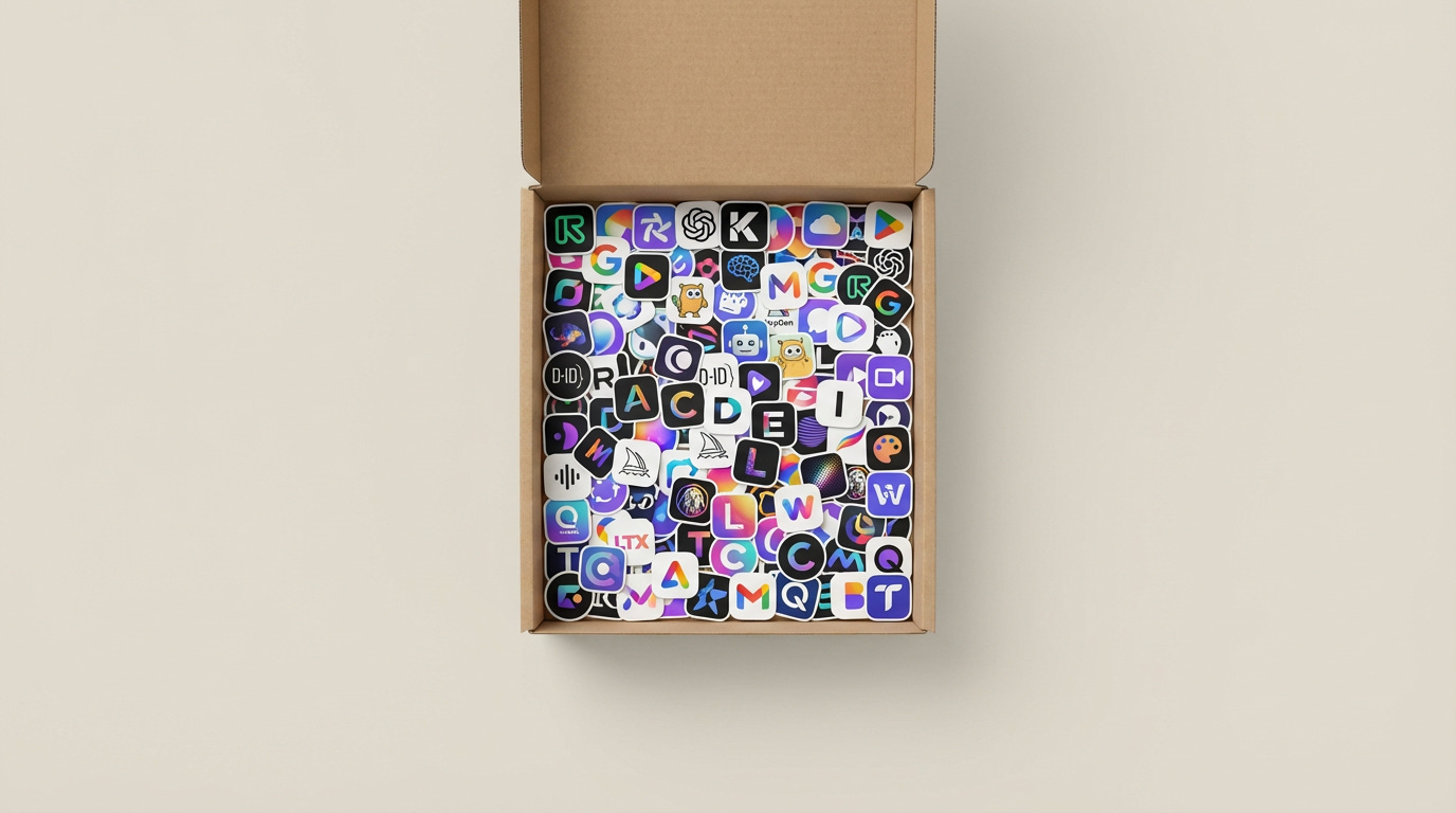 Minimalist 16:9 banner illustration: a simple rounded rectangle box in the center, completely packed with dozens of tiny colorful generic AI/app logos and icons, tightly clustered like stickers, on a clean neutral background, no text, flat vector style