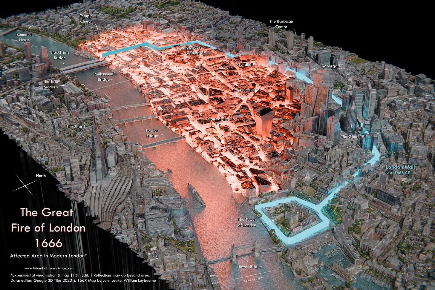 Great Fire of London mapped on top of modern day London