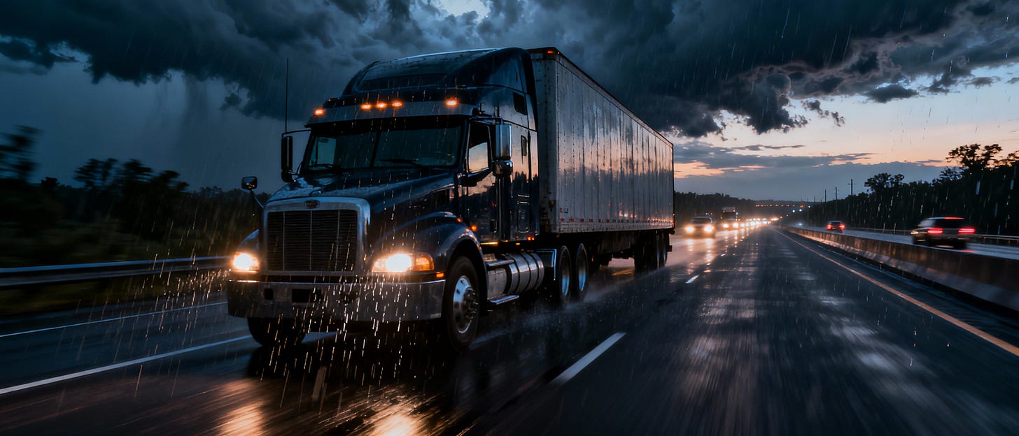 Hero image: Semi truck on highway under dramatic stormy sky at dusk Hero image: Semi truck on highway under dramatic stormy sky at dusk