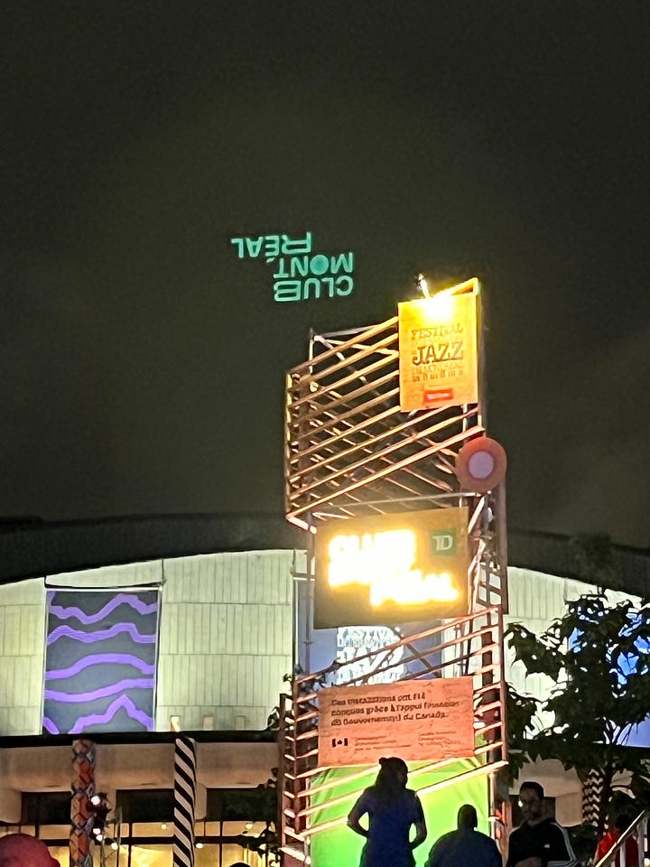 Left: Pictures of the signs at the Montreal Jazz Fest, where the words “Club Montreal” are reflected upside-down in the lens. Right: silhouettes of the crowd during a jazz set.