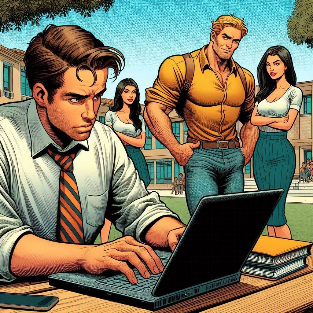 a nerd working on a laptop sneers at a tall, strong, handsome man talking to three very pretty young women nearby. Wide angle. Frazetta-style. Outside. Campus setting. Late afternoon.