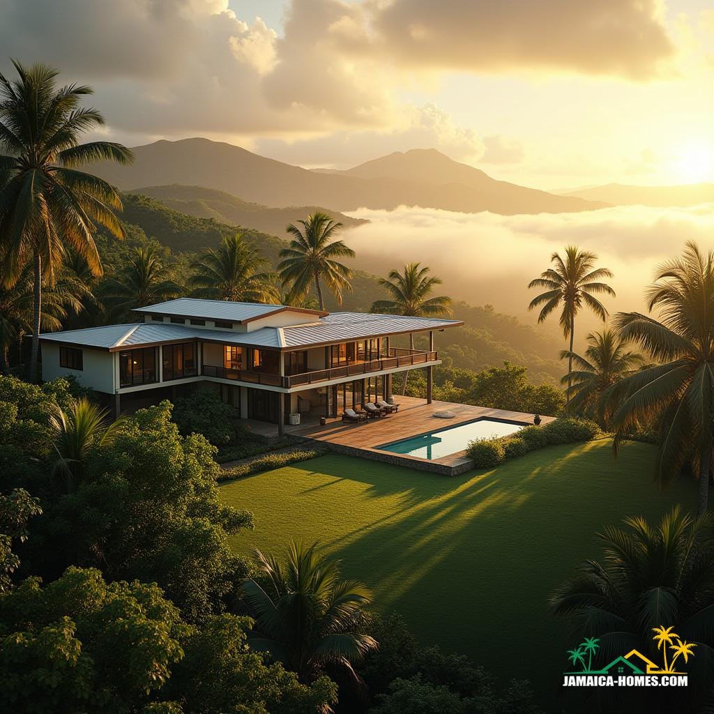 A rustic Jamaican farmhouse, its wooden facade weathered to a warm golden brown, with modern touches seamlessly integrated, including a sleek swimming pool that shimmers like a turquoise gemstone in the sunlight.