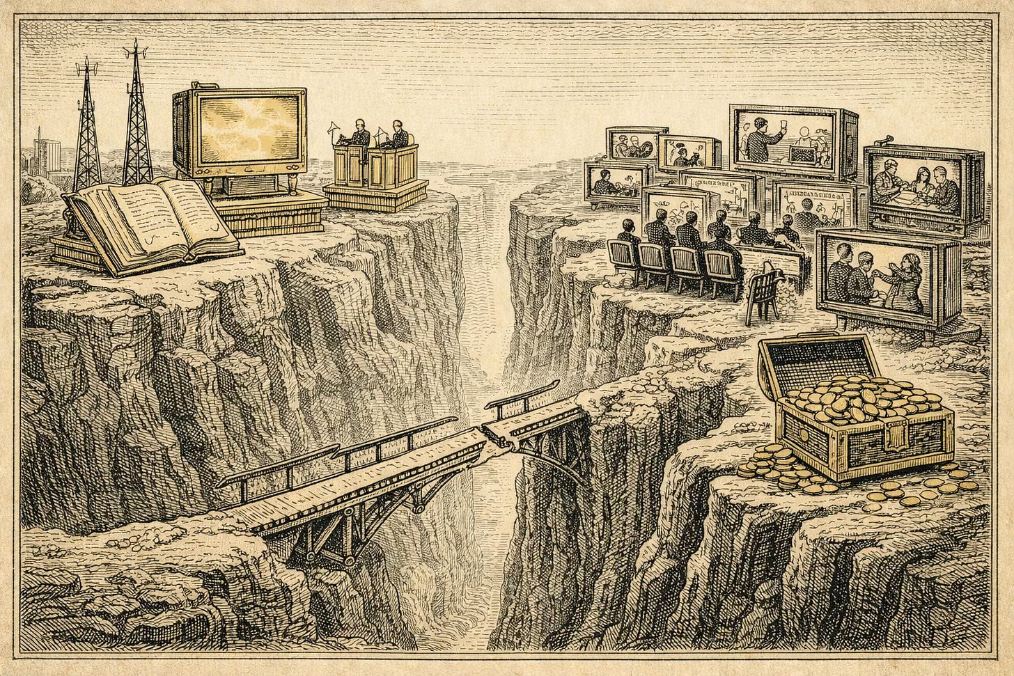 Financial editorial engraving showing a CPM pricing canyon between premium streaming inventory and underpriced creator TV, despite comparable living-room audiences and attention quality. Financial editorial engraving showing a CPM pricing canyon between premium streaming inventory and underpriced creator TV, despite comparable living-room audiences and attention quality.