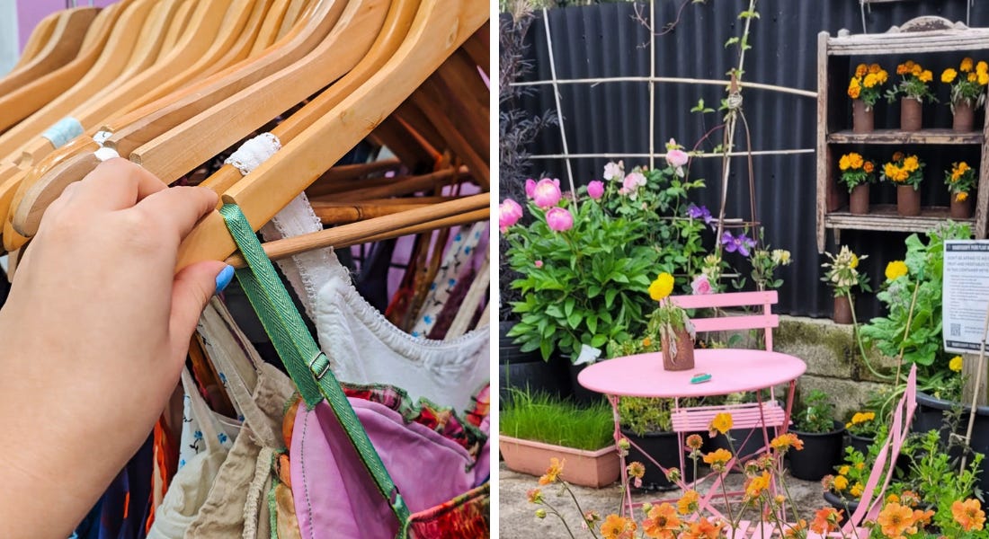 Two pictures - one of colourful dresses on hangers and one of a pink iron table and chairs with flowers around them
