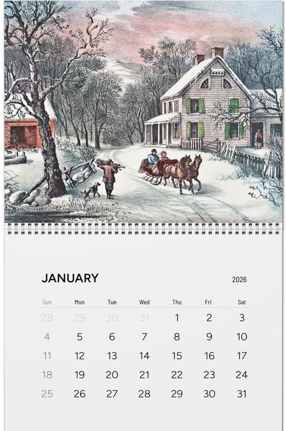 May include: A 2026 calendar featuring a winter scene with a horse-drawn carriage, a house, and a person walking with a dog. The calendar displays the month of January with the days of the week. The image is a vintage illustration.