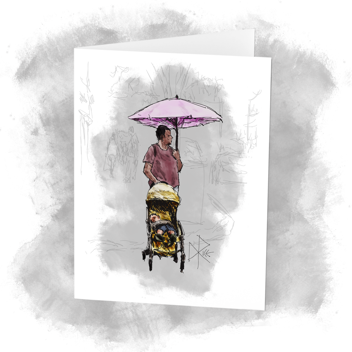 An attentive woman scans her surroundings as she crosses the street, her left hand holding a sun blocking umbrella and her right hand on the handle bar of a baby stroller, with a sleeping child in the stroller. Sketch art by Don Rice. An attentive woman scans her surroundings as she crosses the street, her left hand holding a sun blocking umbrella and her right hand on the handle bar of a baby stroller, with a sleeping child in the stroller. Sketch art by Don Rice.