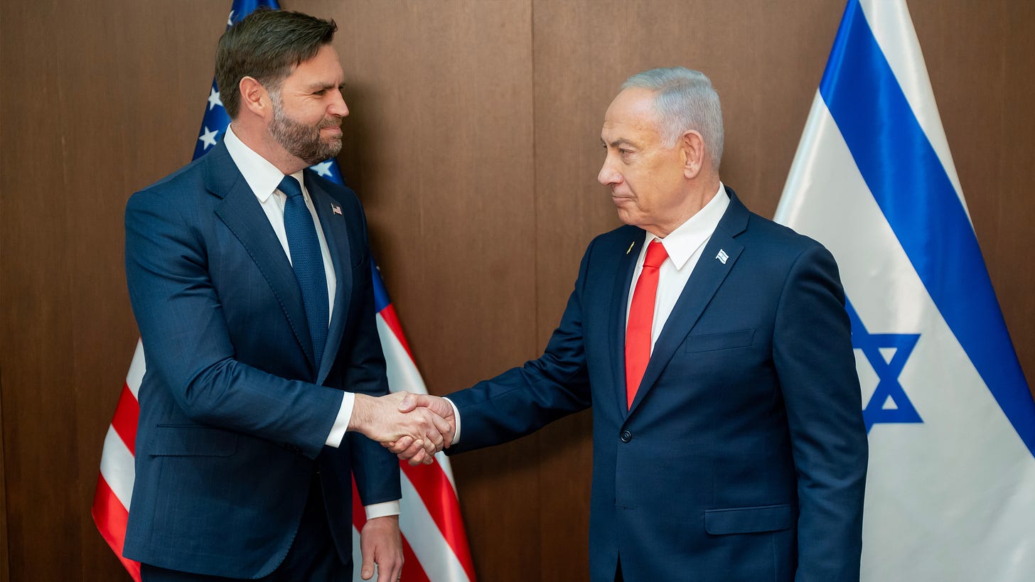 U.S. Vice President JD Vance, left, meets with Israeli Prime Minister Benjamin Netanyahu at the Prime Minister's Office in Jerusalem, on Wednesday, Oct. 22, 2025. U.S. Vice President JD Vance, left, meets with Israeli Prime Minister Benjamin Netanyahu at the Prime Minister's Office in Jerusalem, on Wednesday, Oct. 22, 2025.