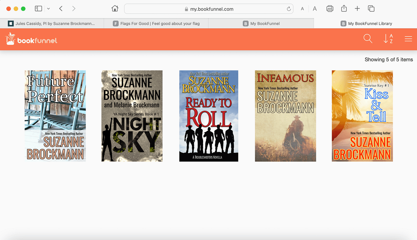 A screenshot of a BookFunnel library shows the covers for five Brockmann books.